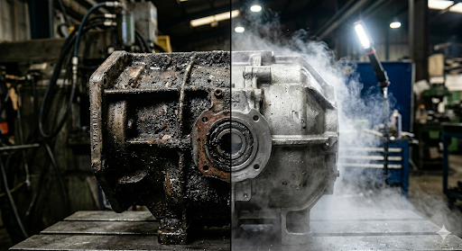 Industrial gearbox before and after dry ice blasting — left side caked in grease, right side restored to clean bare metal