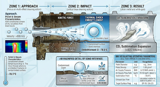 Dry ice blasting impact zones and operating parameters reference chart for HRSG cleaning