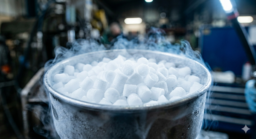 Dry ice pellets sublimating in industrial container